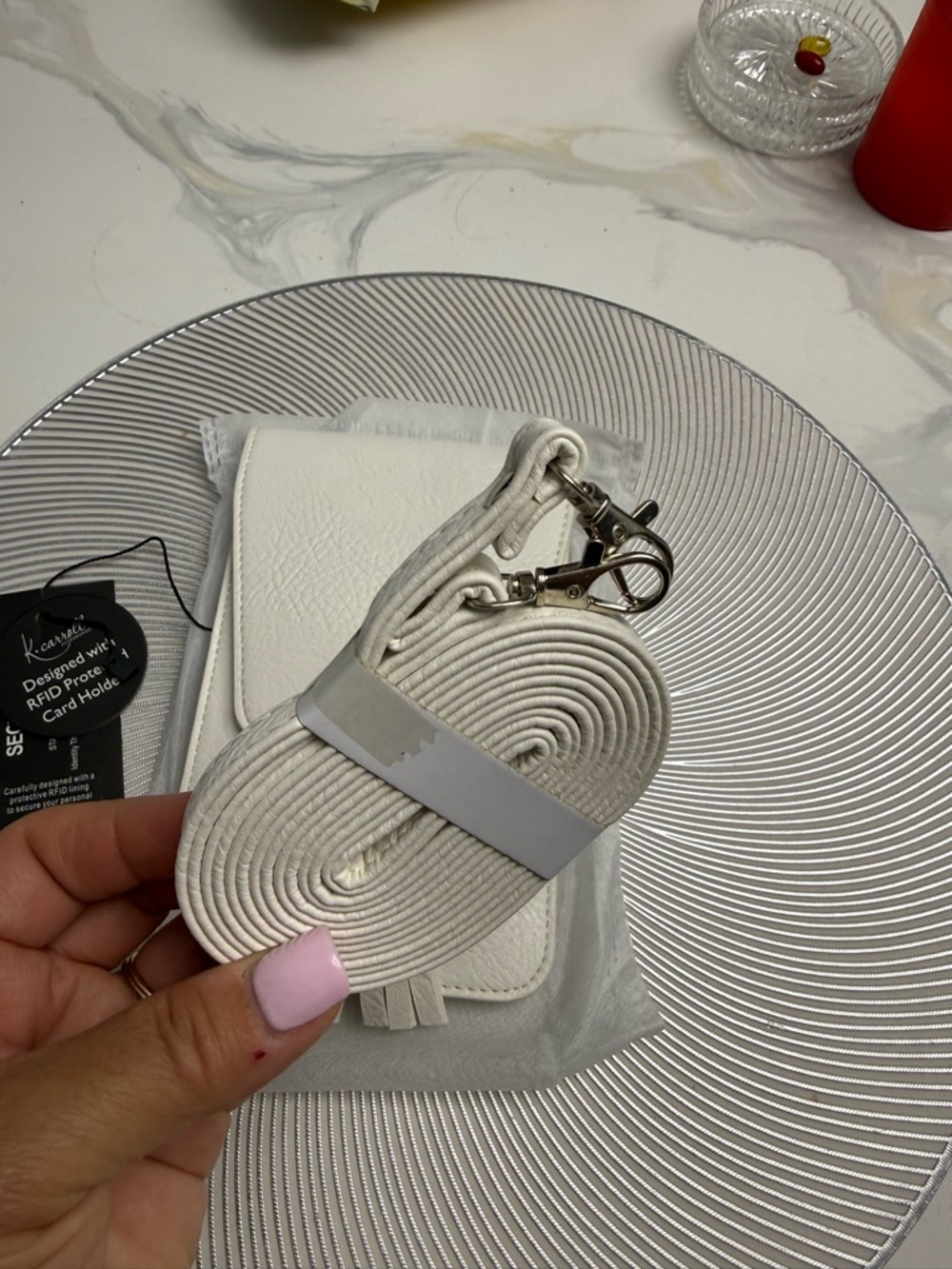 Crossbody phone or essential White Tassel Bag - 2 compartments, card slots RFID - Picture 4 of 9